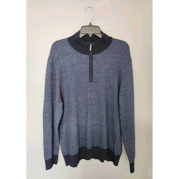 UNTUCKit Sweater Men's 2XL Blue 1/4 Zip 100% Extra Fine Merino Wool Herringbone - Picture 2 of 6